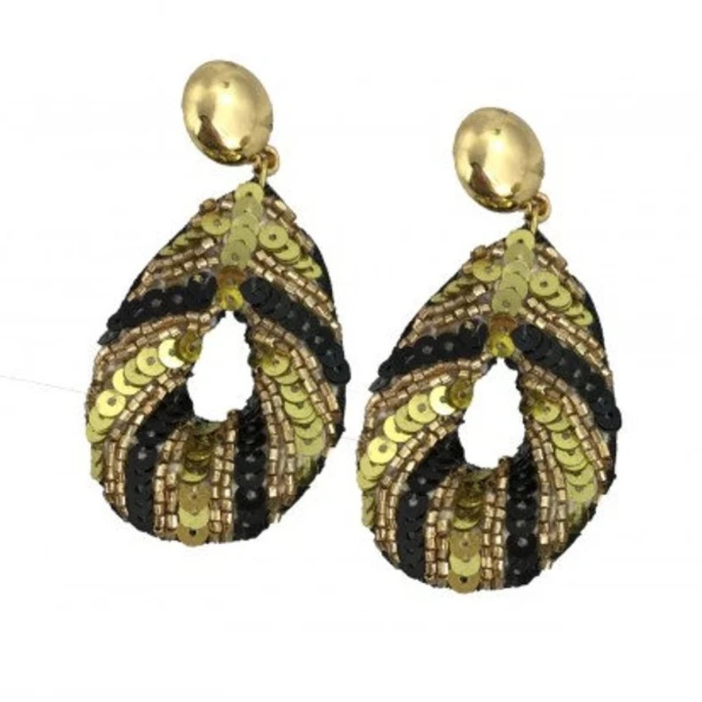 Black and Gold Sequin Teardrop Dangle Post Earrings~Saints Earrings